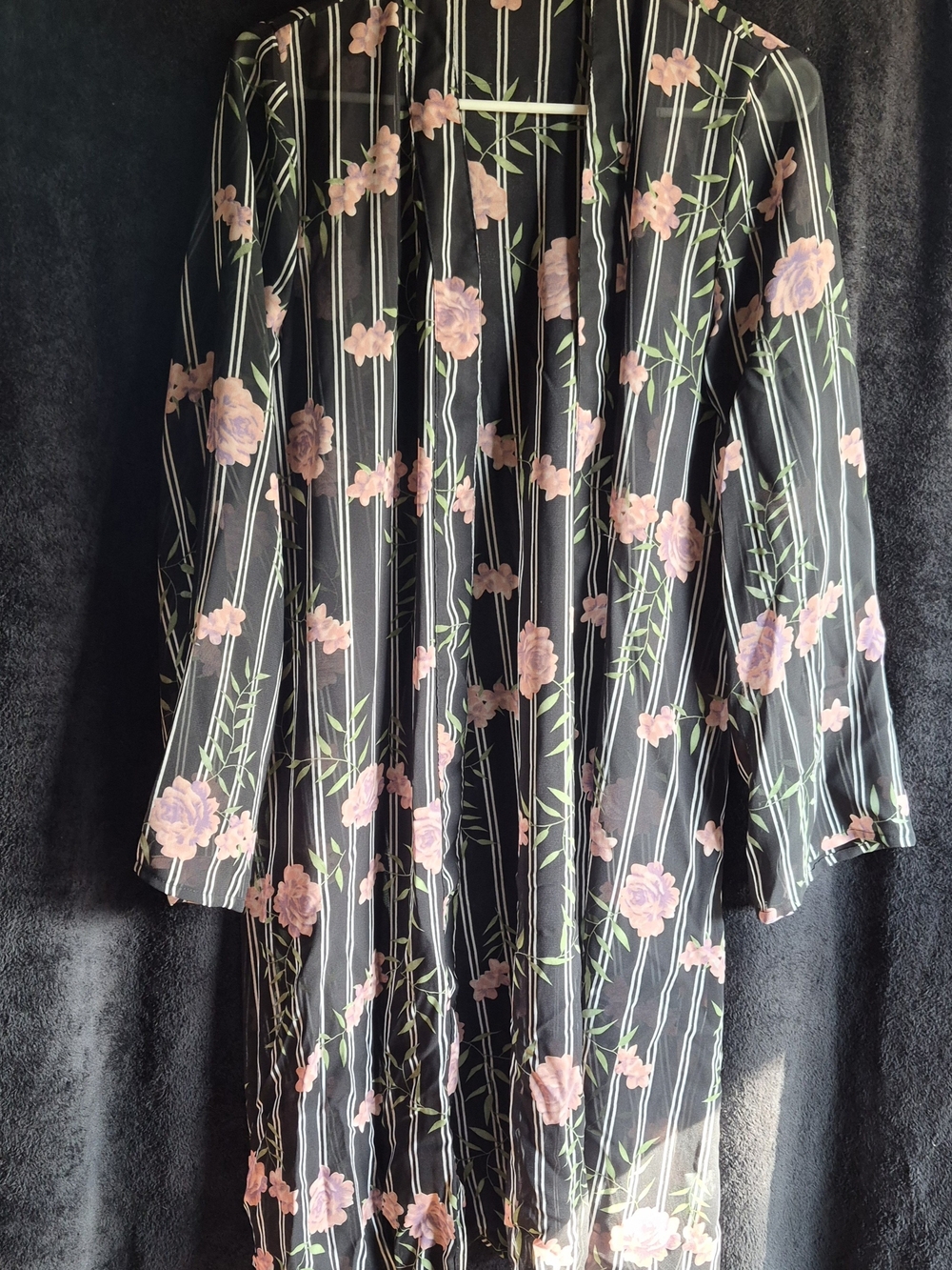 Sheer Black Floral Long Kimono - Pink & Green Print